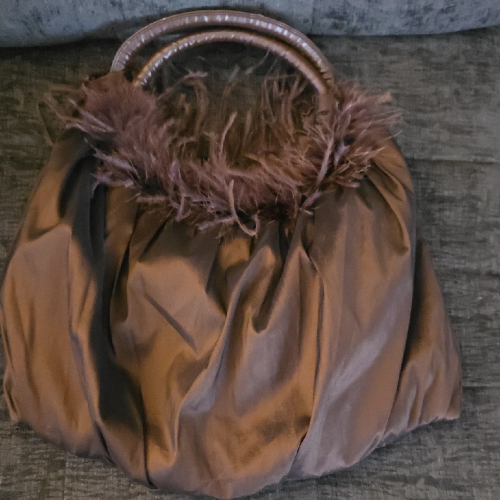 Artisan Made Feather Trim Evening Bag –approx 10x14 – Chocolate Satin Finish